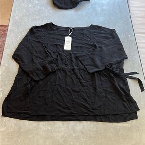 Eileen Fisher Black Boxy 3/4 Sleeve Tie Front Blouse